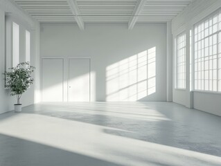 flawless image of White and gray open space office with doors high detail