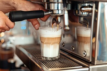 Pixel Perfect Image of Close Up Image of a Man Preparing Cappuccino in a Coffee Machine