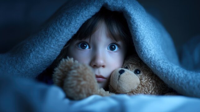 Fear of the Dark (Age 5) - A 5-year-old child clutching a stuffed animal under covers, eyes wide, dim bedroom lighting