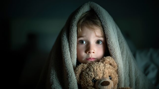 Fear of the Dark (Age 5) - A 5-year-old child clutching a stuffed animal under covers, eyes wide, dim bedroom lighting
