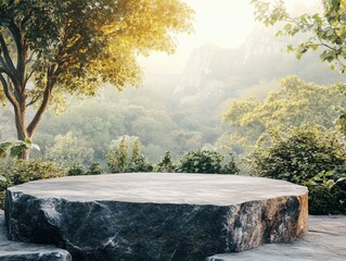 ultra HD visual of sunny nature product background with rock podium concept product placement copy space 169 high detail 8k