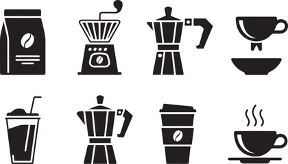 Vector Coffee Icons:  Brewing, Serving, and Enjoying Minimalist Style
