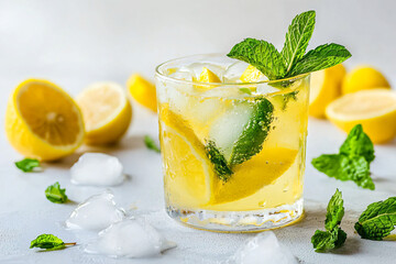 Fototapeta premium Refreshing Lemonade Cocktail with Mint and Ice in a Glass