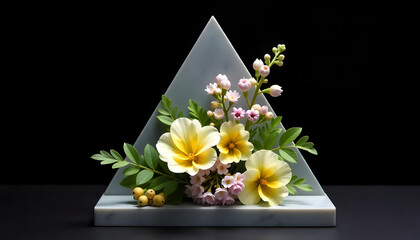 Minimalist Floral Arrangement: A stylish, minimalist floral arrangement features delicate yellow and pink flowers artfully arranged within a geometric grey triangular frame.