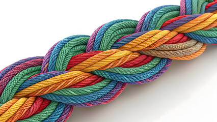 Colorful Braided Rope: A vibrant braided rope, interlaced with multiple colors, symbolizes unity and strength against white backdrop.