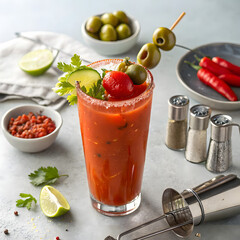 Spicy Bloody Mary Cocktail: A refreshing and spicy Bloody Mary cocktail garnished with olives, lime, and chili peppers, ready to tantalize your taste buds.