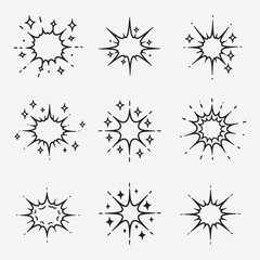 A set of different types of explosions or sparks.