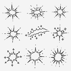 A set of different types of explosions or sparks.