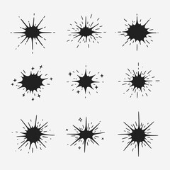 A set of different types of explosions or sparks.