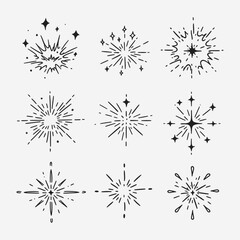 A set of different types of explosions or sparks.