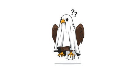 Funny minimalist flat vector of a eagle wearing a ghost sheet costume and floating with a confused expression, Halloween vibe, white background