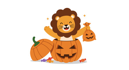 Fototapeta premium Minimalist flat cartoon vector of a smiling lion popping out from inside a jack-o'-lantern