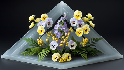 Elegant Floral Composition: An elegant floral arrangement of vibrant pansies and delicate greenery is artistically displayed on a geometric glass surface against a sophisticated backdrop.