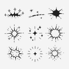 A set of different types of explosions or sparks.