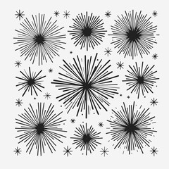 A set of different types of explosions or sparks.