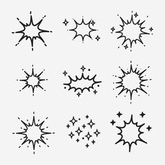 A set of different types of explosions or sparks.