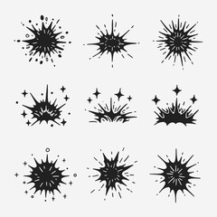 A set of different types of explosions or sparks.