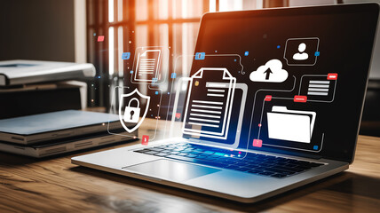 A digital illustration of a silver laptop with vibrant floating icons emerging from its illuminated keyboard