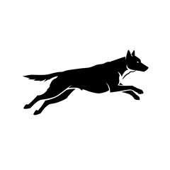 Fototapeta premium Dynamic black wolf silhouette leaping against a white background, embodying freedom and motion.