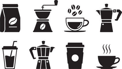 Vector Coffee Shop Icons:  Brewing,  Grinding,  and Serving Styles