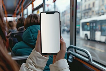 Vibrant Picture of Woman Holding a Blank Smartphone in the Bus