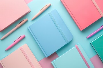 Detailed Image of Flat Lay Notebooks and Pens Arrangement