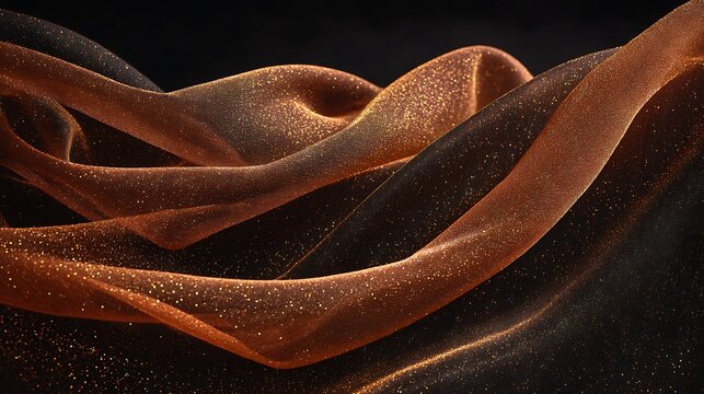 Luxurious flowing copper fabric with shimmering gold glitter particles against a dark black background - Powered by Adobe