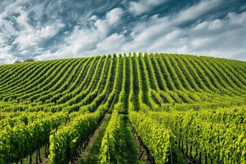 Green Field with Rows of Vines for Harvesting  Ripe Grapes for the Production of Fine Wines