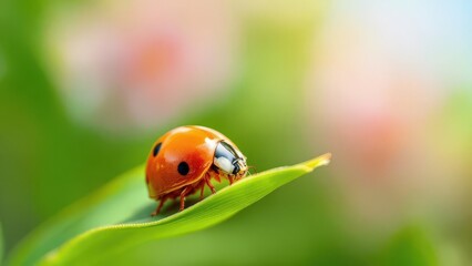 Obraz premium Tiny Red Ladybug Crawling on a Bright Green Leaf in Sunlight