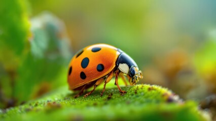 Fototapeta premium Close Up Macro Shot of a Ladybug on a Vibrant Green Leaf in Soft Sunlight