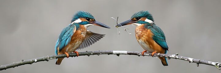 Two colorful kingfishers perched on a branch with one holding nesting material