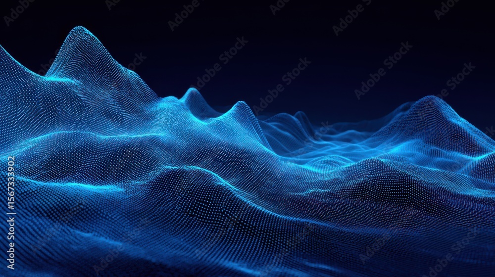Poster Dynamic 3D wave pattern resembling ocean waves made from bright audio waveforms in deep blue.