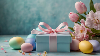 Soft pastel-them featuring a pastel blue gift box tied with a satin ribbon, surrounded by colorful decorative Easter eggs and spring blossoms. The composition should evoke feelings of peace, renewal, 
