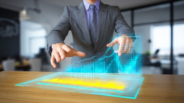 Professional in gray pinstriped suit and purple shirt gestures towards rising blue holographic graph symbolizing growth, highlighted yellow section on grid display, modern office with natural light, 