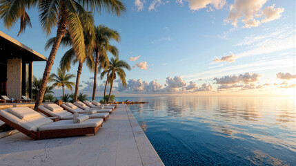 Luxury tropical beachfront resort with palm trees and sun loungers beside infinity pool at sunset