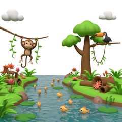 Naklejka premium Colorful Jungle Scene with Monkey, Toucan, and Tropical Plants