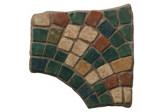 Colorful mosaic tiles forming intricate textured surface, representing historical craftsmanship with transparent background perfect for design projects