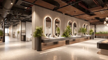 Modern public restroom with oval mirrors, plants, and industrial ceiling details