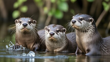 Fototapeta premium Smooth-coated Otters: Wildlife Photography, Nature Scene, Aquatic Mammals Otters day