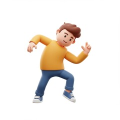 Playful cartoon character dancing in a casual outfit with joy