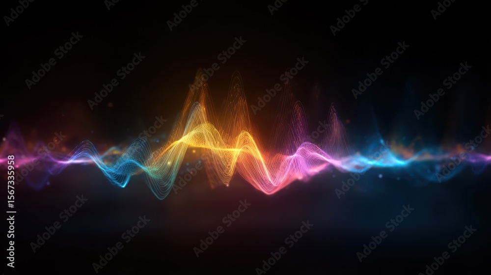 Poster Colorful soundwave lines vibrating dynamically with soft glow effect against a dark seamless backdrop.