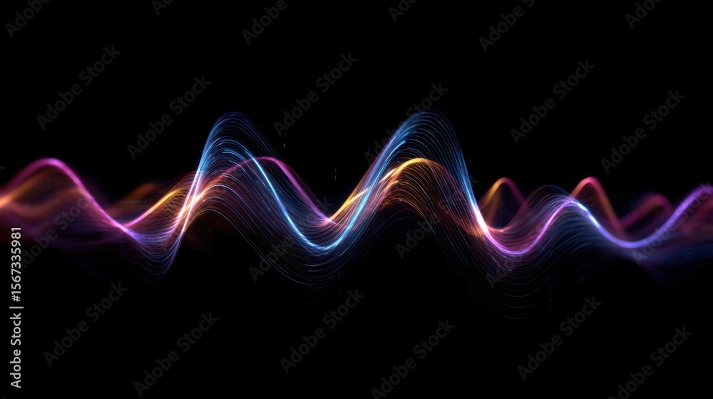 Poster Colorful soundwave lines vibrating dynamically with soft glow effect against a dark seamless backdrop.