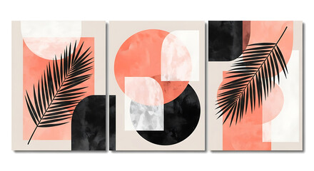 Modern abstract art triptych with geometric shapes and tropical palm leaf elements