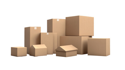 Ready for moving a collection of diverse cardboard boxes stacked tall and on transparent background