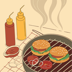 Retro Cartoon Illustration of Burgers on a Grill with Condiments