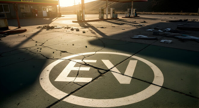 Electric Vehicle Charging Station Marked at a Abandoned Gas Station On a Cracked Surface