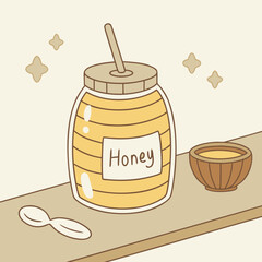 Cute Cartoon Honey Jar with Dipper and Bowl on a Shelf
