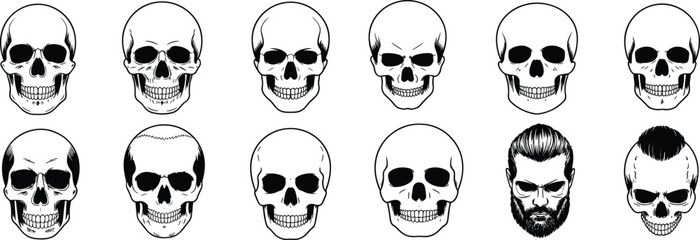 Hand drawn human skulls, vector skull illustrations, detailed skull design, vintage skull art, gothic tattoo style, bearded man skull flat vector illustration