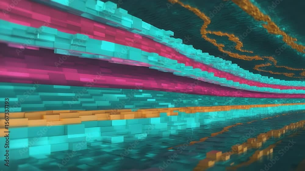 Poster digital block tunnel: an abstract 3d rendering of a vibrant tunnel constructed from colorful blocks,