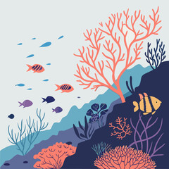 Vibrant Coral Reef Scene with Colorful Fish and Aquatic Plants Illustration